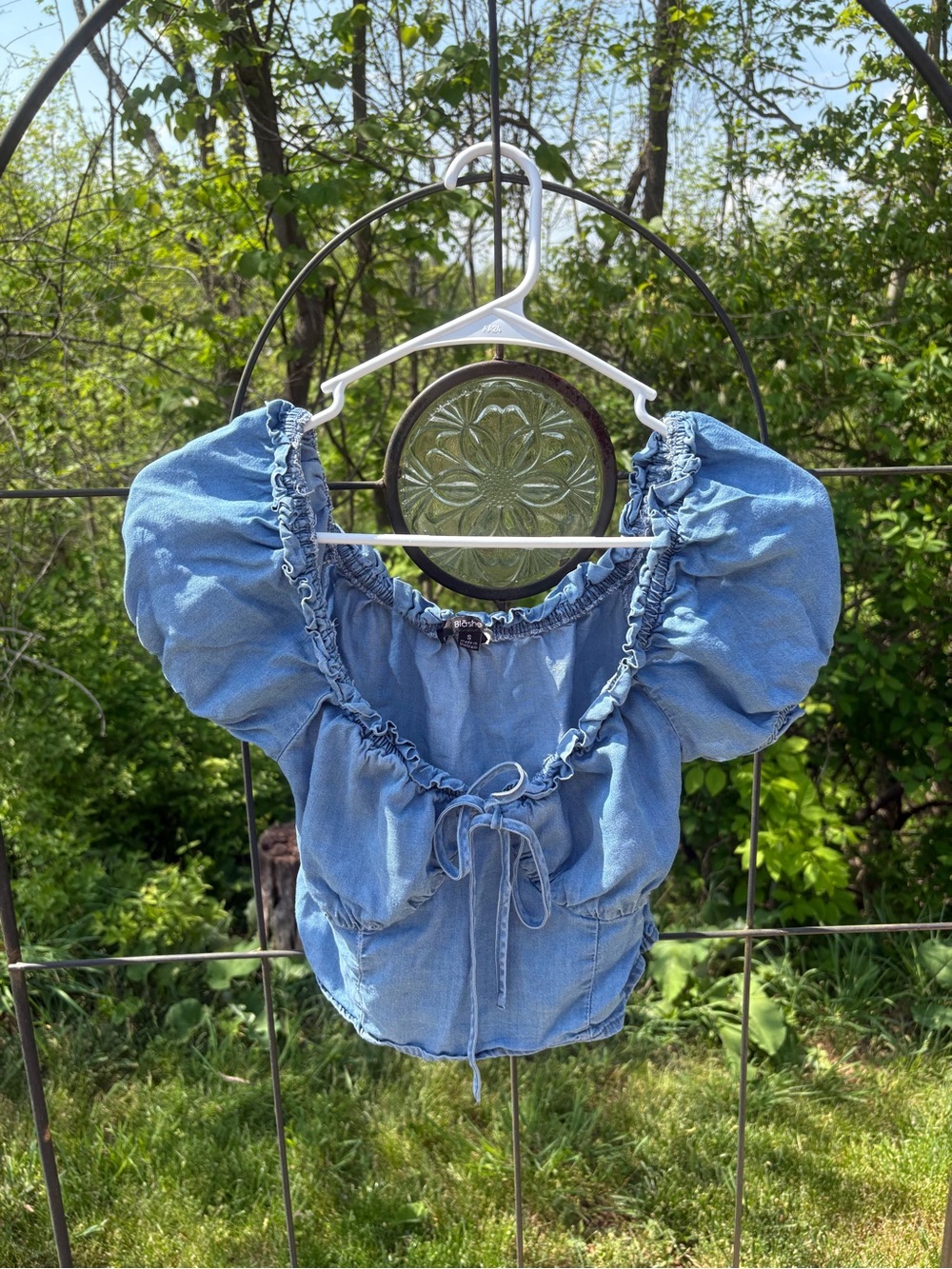 Blashe Denim Blue Puff Sleeve Peasant Cropped Short Sleeve Blouse Ruffle Hem